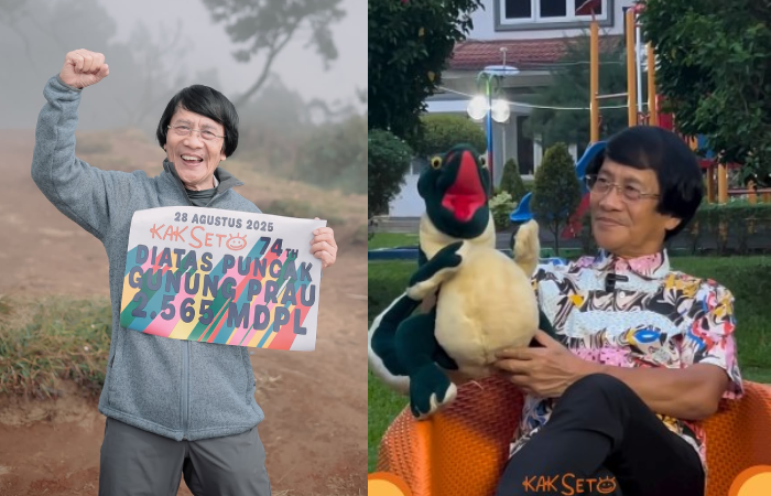 Kak Seto masih aktif naik gunung di usia lanjut (foto kiri). Kak Seto bersama boneka Si Komo.