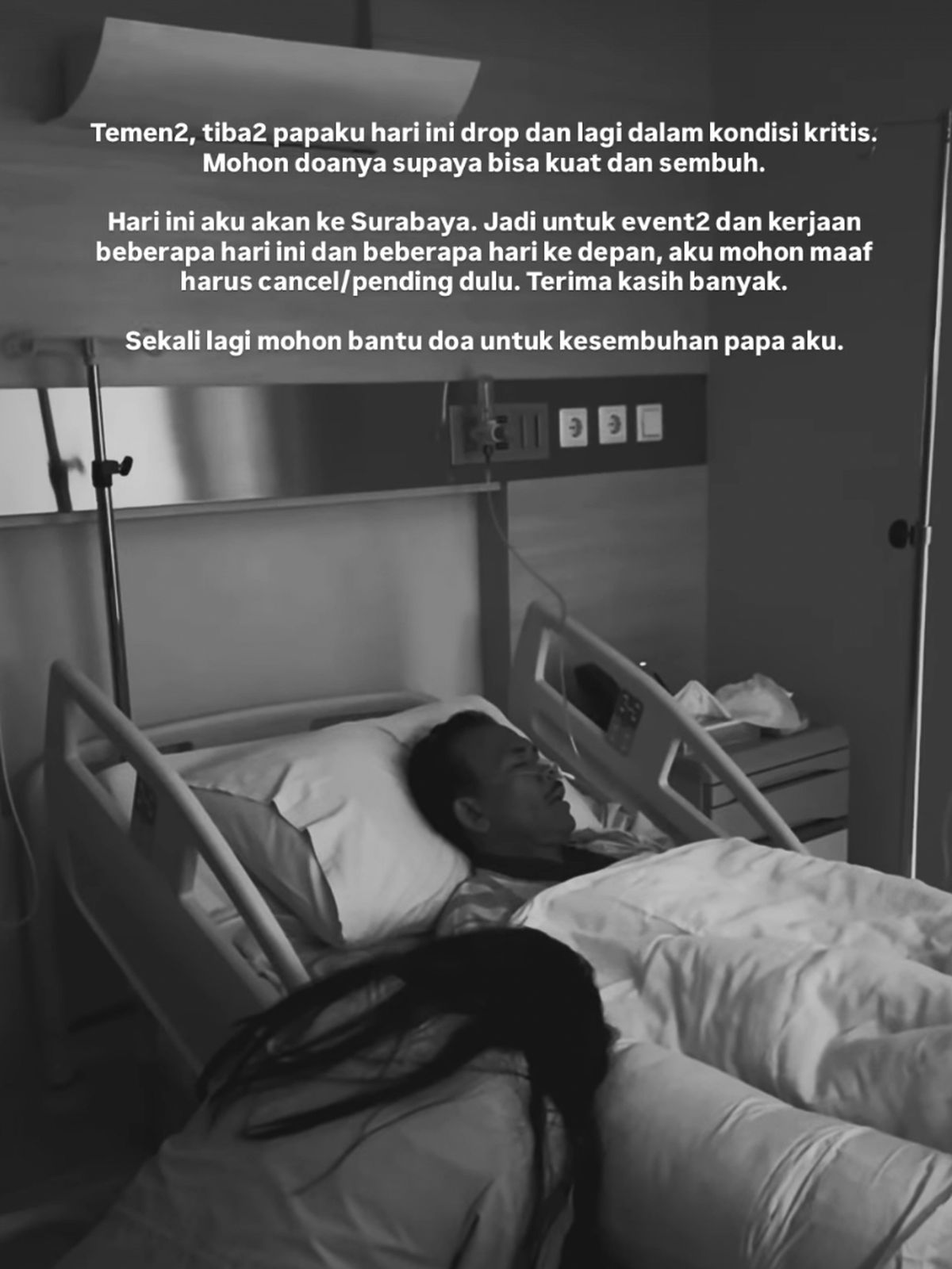 Jerome Polin mohon doa untuk sang ayah yang tengah kritis dan dirawat intensif. Semua jadwal kerja dibatalkan demi keluarga.