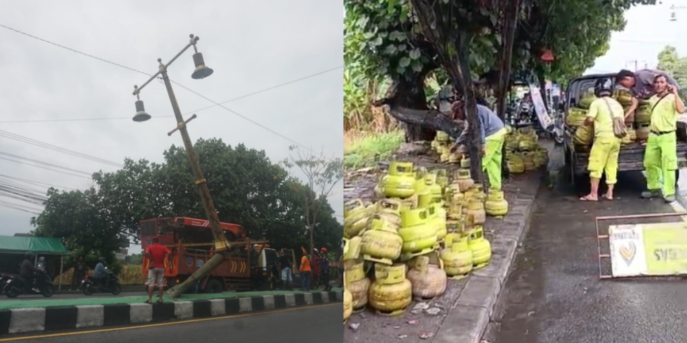 Truk pengangkut gas elpiji yang menabrak tiang lampu di Jalan Jogja-Solo, Desa Belangwetan, Klaten Utara, Sabtu (1/11/2025). Foto kanan, petugas mengamankan gas melon.
