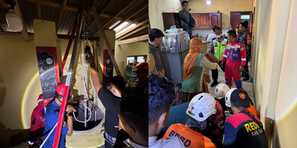 Proses evakuasi ibu rumah tangga yang tercebur di sumur, Desa Tulung, Kecamatan Tulung, Klaten.