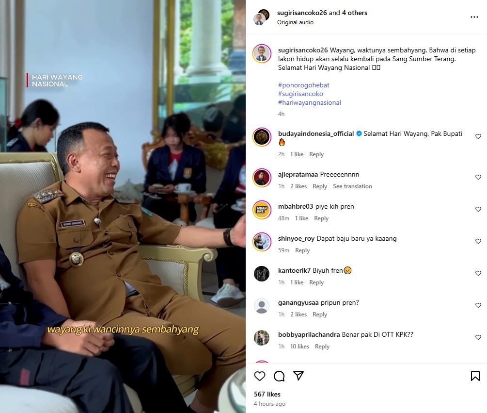 Tangkapan layar unggahan terbaru Bupati Ponorogo Sugiri Sancoko di Instagram pribadinya dihari kena OTT KPK, Jumat (7/11/2025).