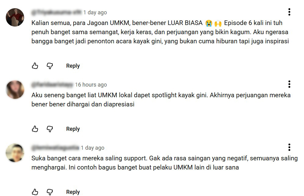 Komentar positif di YouTube dari para netizen terhadap kompetisi Shopee Jagoan UMKM.