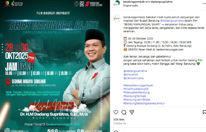 Postingan promosi film biografi Bupati Bandung Dadang Supriatna di akun Instagram resmi Pemkab Bandung.