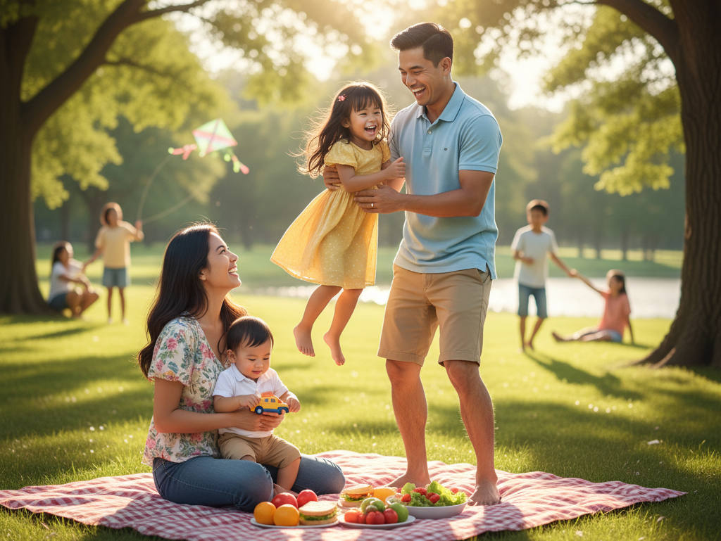 Ilustrasi seorang ayah bersama istri dan dua anaknya sedang bermain di taman.