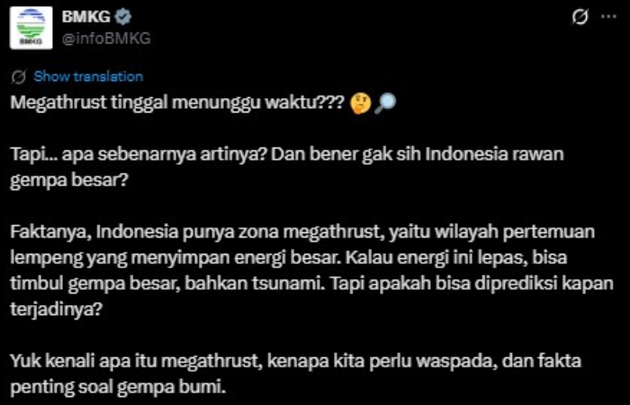 Postingan BMKG soal "megathrust tinggal tunggu waktu".