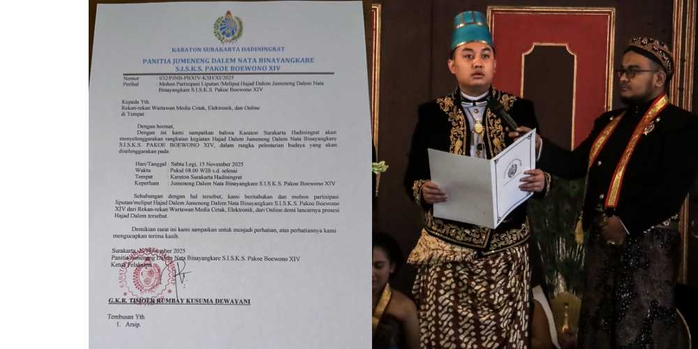 Surat undangan Jumenengan Gusti Purbaya sebagai raja Keraton Solo bergelar PB XIV. Foto kanan, Gusti Purbaya.