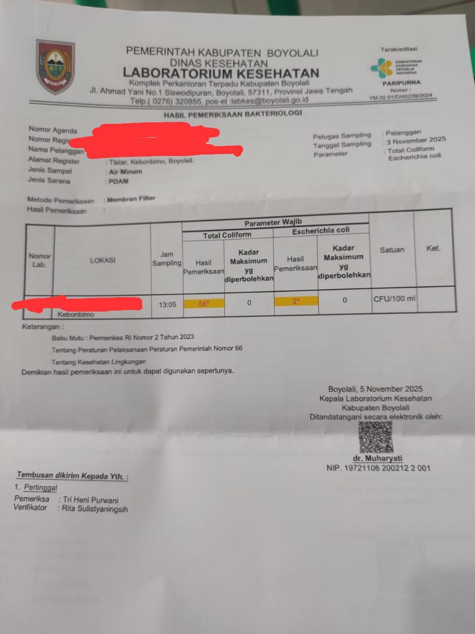 Keterangan hasil lab kesehatan yang menyatakan ada kandungan bakteri ecoli menyebar di media sosial.