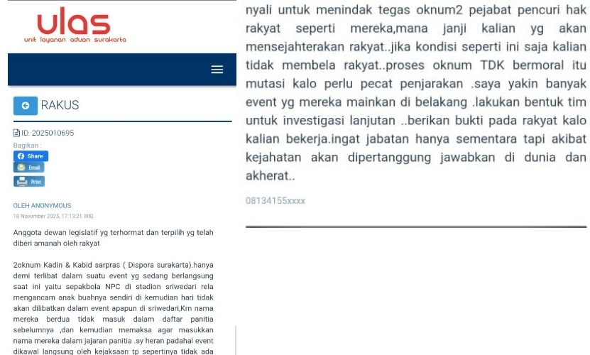 Tangkapan layar laporan di ULAS Surakarta.