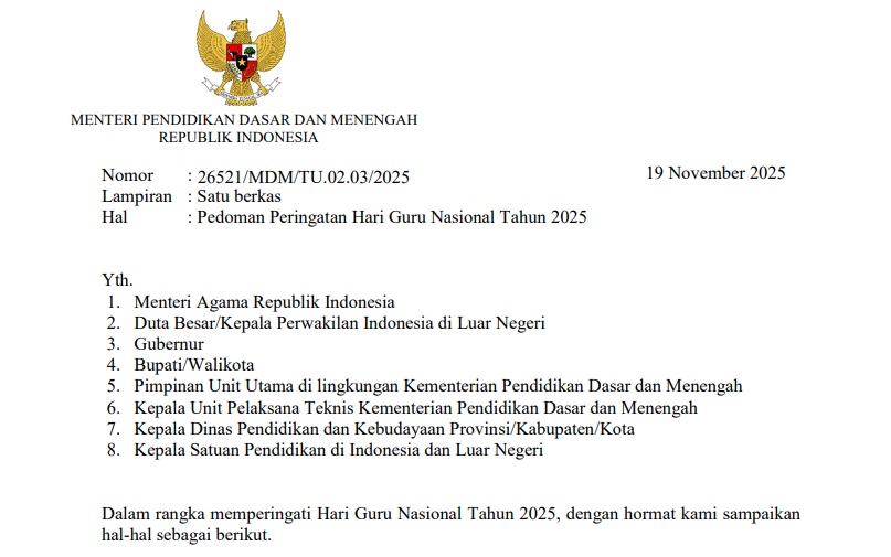 Panduan Hari Guru Nasional 2025 resmi Kemendikdasmen lengkap dengan tema, logo, dan link download PDF terbaru.