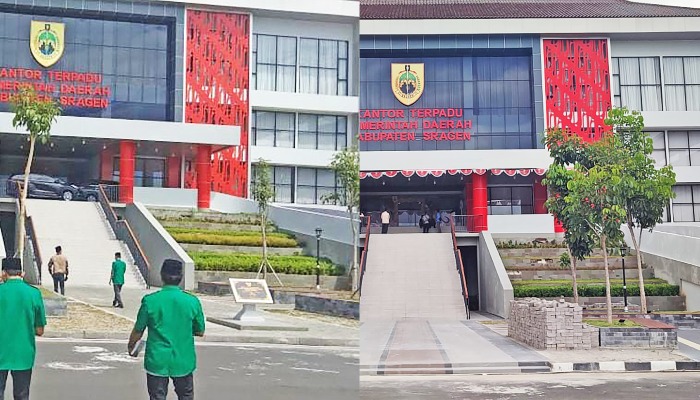 Prasasti peresmian Kantor Pemda Terpadu Sragen (foto kiri) saat masih terpasang. Foto kanan, prasasti kini sudah dipindah. (Ahmad Khairudin/Radar Solo)