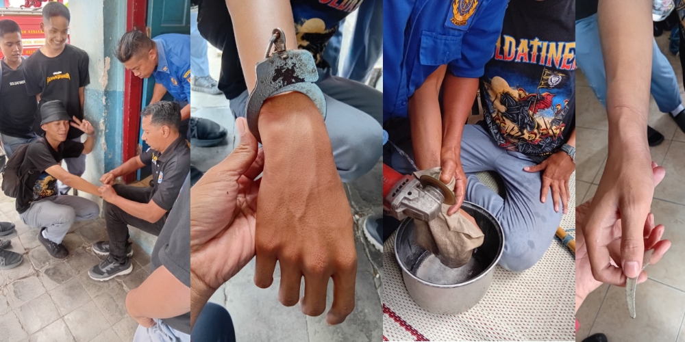 Personel Damkar Wonogiri membantu melepas borgol di tangan seorang siswa.