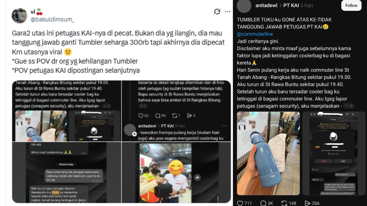 Viral Curhatan Anita Soal&nbsp;Tumbler Tuku Hilang di KRL, Petugas KAI Dipecat Imbas Unggahan Penumpang. Kronologi Lengkap di sini.