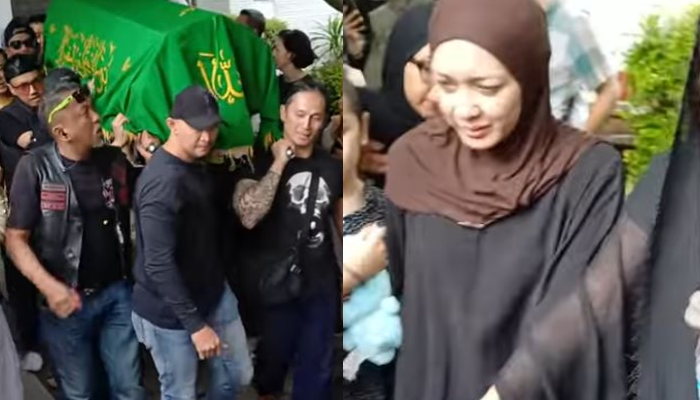 Jenazah Gary Iskak saat diberangkatkan dari rumah duka (kiri). Sang istri, Richa Novisha yang tertunduk mengiringi kepergian sang suami.