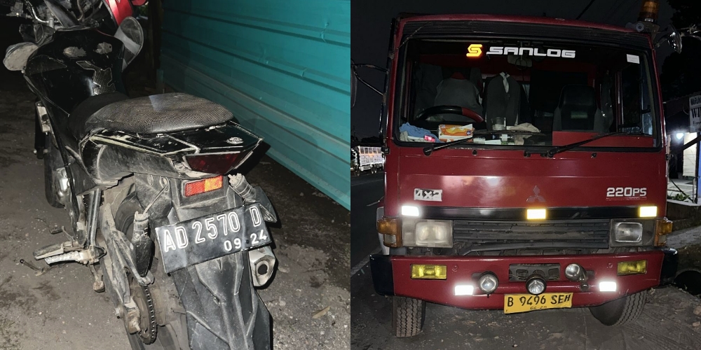Kondisi sepeda motor dan truk yang terlibat kecelakaan di Jalan Solo-Semarang, Dukuh Sidomulyo, RT 03, RW 06, Desa Penggung, Kecamatan Boyolali, Senin (1/12/2025) malam.