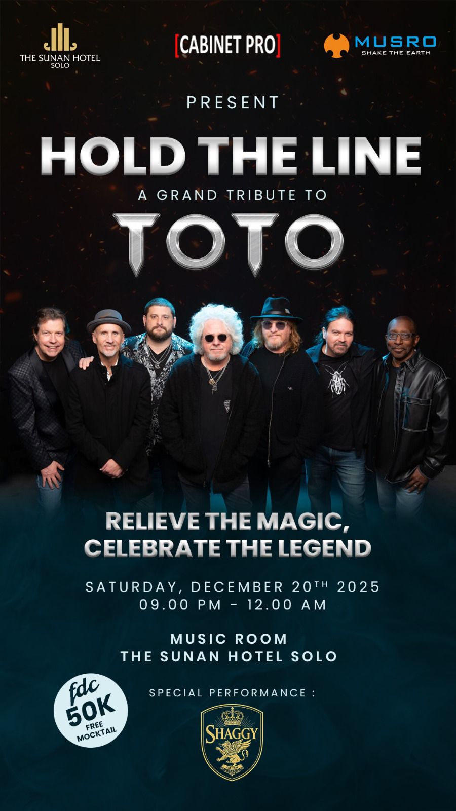Tribute spektakuler TOTO di Musro The Sunan Hotel Solo, 20 Desember 2025. Nikmati nostalgia rock klasik dengan FDC 50K termasuk mocktail.