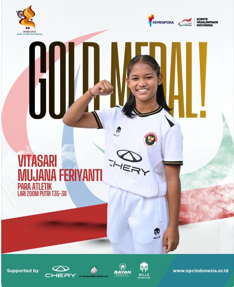 Maria Magdalena Vitasari mengunci podium tertinggi usai menjadi yang tercepat pada nomor Lari 200 Meter Putri T35&ndash;38 Asian Youth Para Games Dubai 2025.