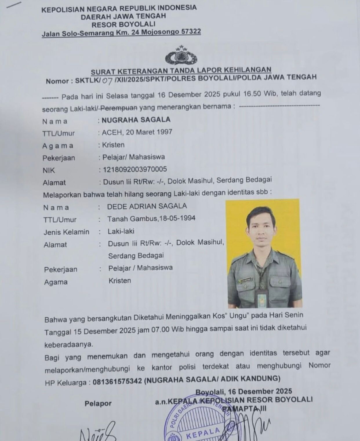 Surat laporan orang hilang atas nama Dede Adrian Sagala yang diterbitkan Polres Boyolali.