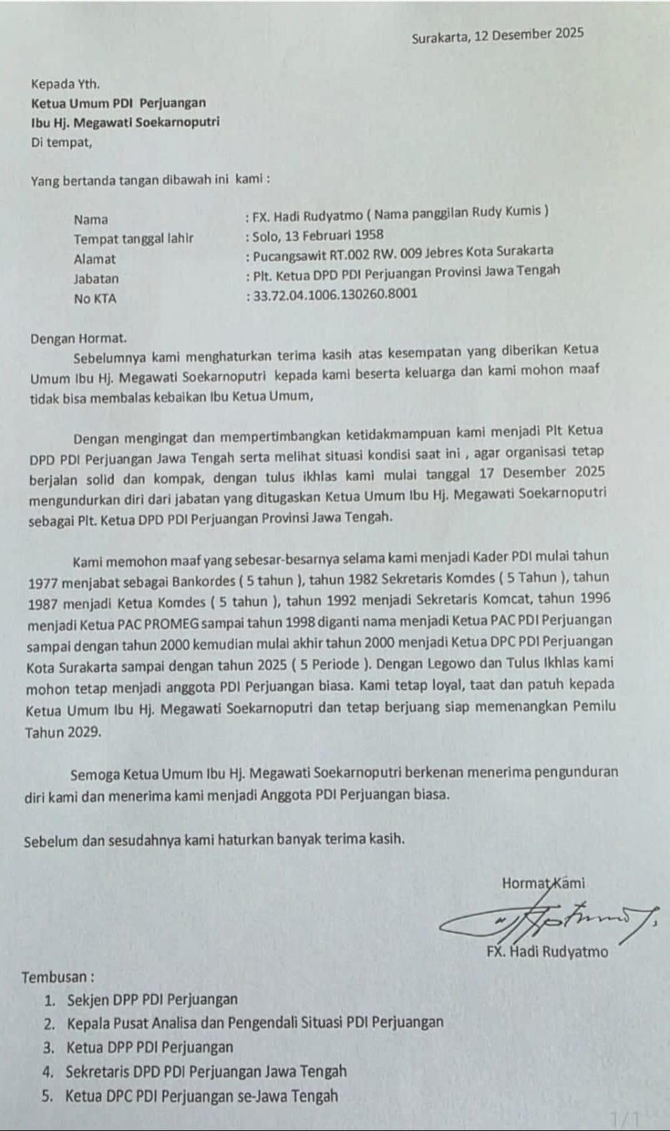 Surat pengajuan pengunduran diri FX Hadi Rudyatmo sebagai Ketua DPD PDIP Jateng kepada Megawati Soekarnoputri yang beredar di awak media.