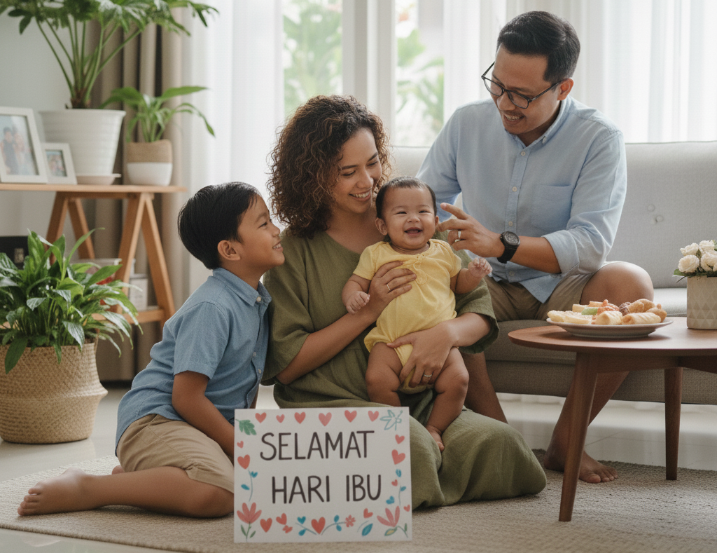Ilustrasi kehangatan sebuah keluarga dalam merayakan Hari Ibu.