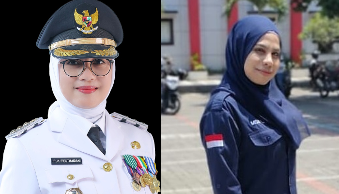 Bupati Banyuwangi Ipuk Fiestiandani (kiri). Guru honorer yang jalani BAP gegara komentar soal tambang emas Tumpang Pitu.