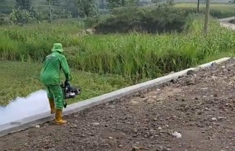Petugas Dinkes Sragen melakukan fogging di embung Desa Pagak, Kecamatan Sumberlawang pasca kasus chikungunya. (Ahmad Khairudin/Radar Solo)