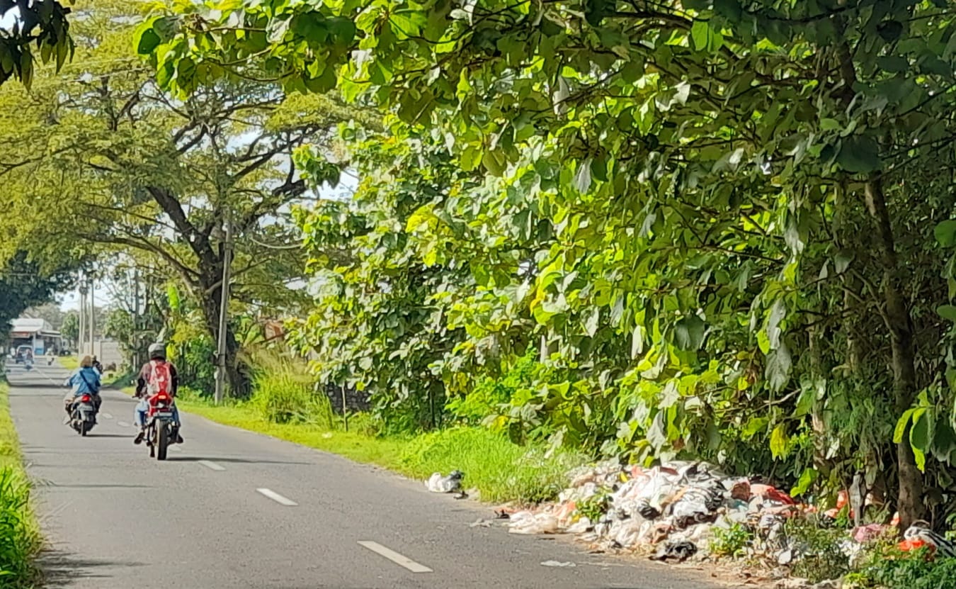 Kondisi tumpukan sampah di jalan Kebakkramat-Tasikmadu, Karanganyar, Selasa (30/12/2025). (Rudi Hartono/Radar Solo)