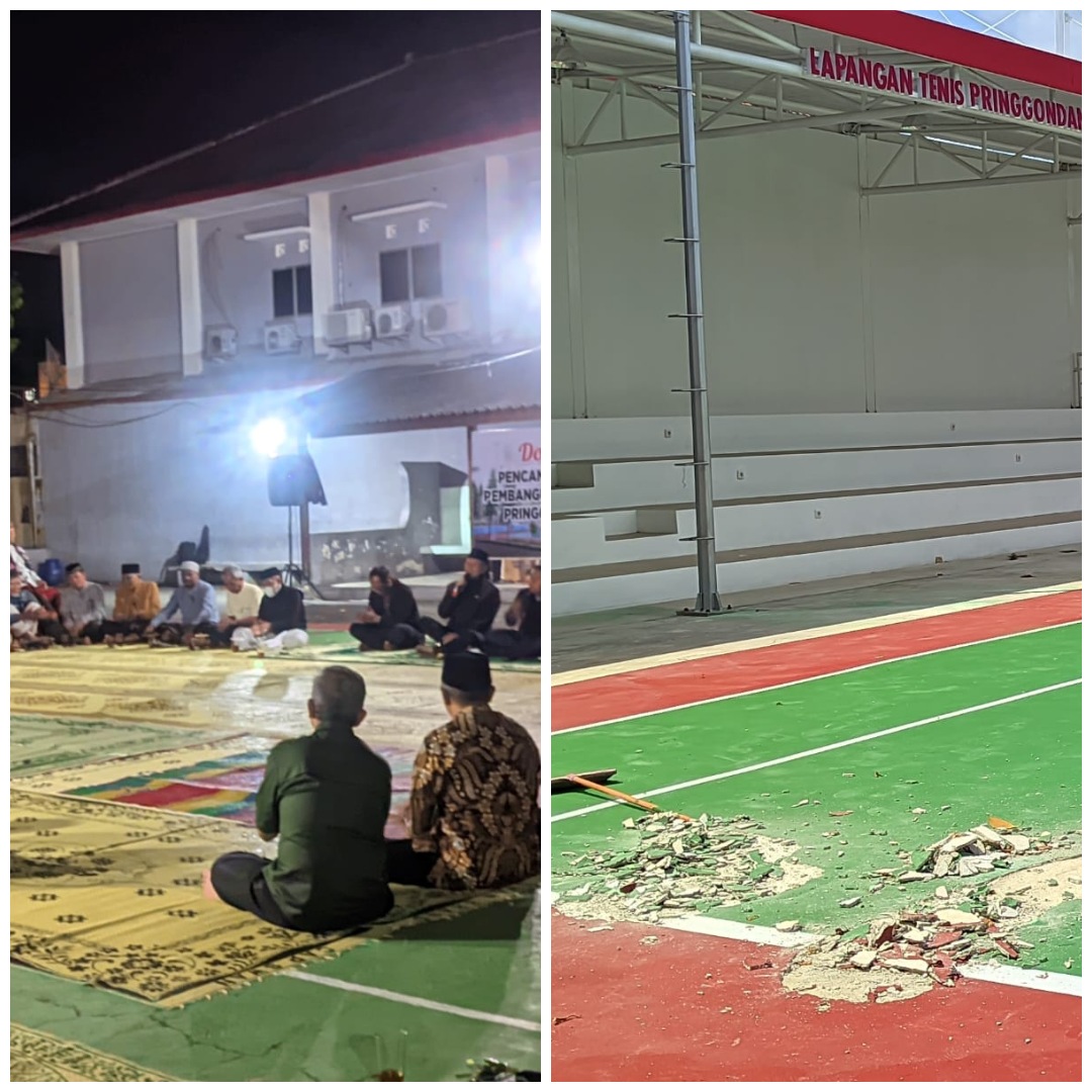 Doa bersama di area lapangan tenis Pringgodani, Minggu (7/9/2025). Foto kanan, lapangan rusak sebelum diresmikan Bupati Wonogiri Setyo Sukarno.
