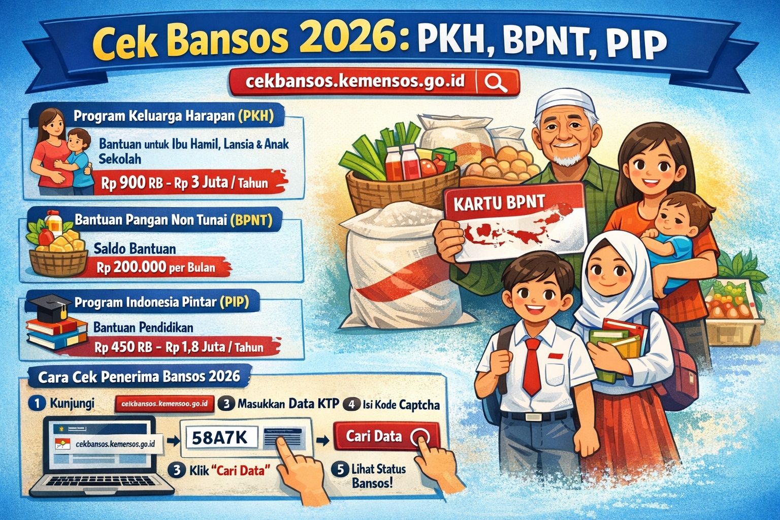 Cek Bansos 2026 melalui link cekbansos.kemensos.go.id. Simak daftar PKH, BPNT, dan PIP beserta cara cek status penerima pakai KTP.