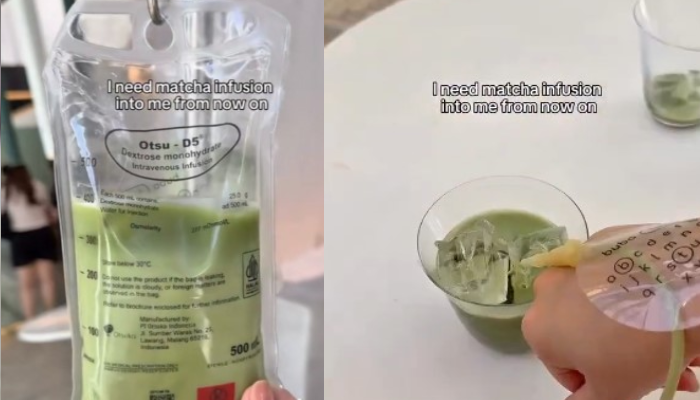 Viral minuman matcha pakai kemasan mirip kantong infus.