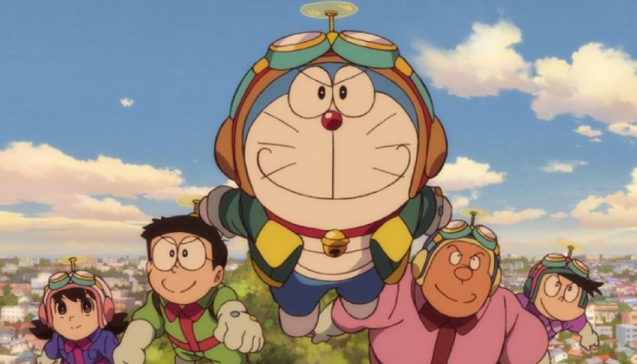 Doraemon bersama Nobita, Shizuka, Giant dan Suneo saat menggunakan alat ajaib baling-baling bambu.