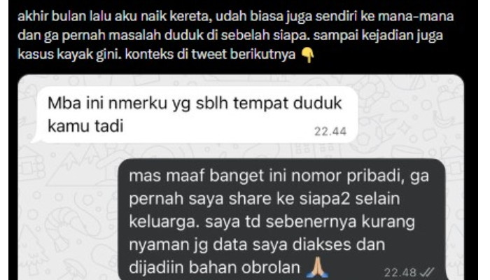 Chat yang dikirim oknum pegawai KAI ke penumpang wanita.