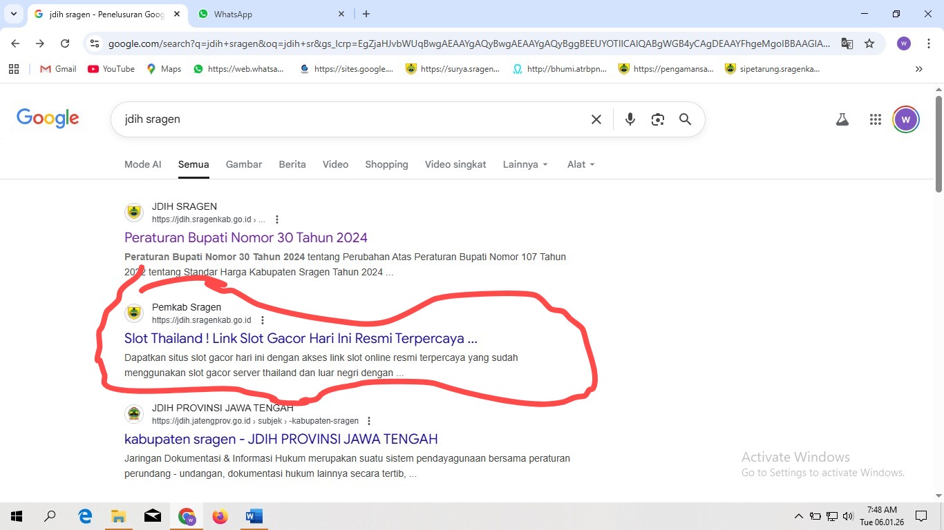 Situs resmi Pemkab Sragen yang diretas penyedia taruhan online asal Thailand. (Ahmad Khairudin/Radar Solo)