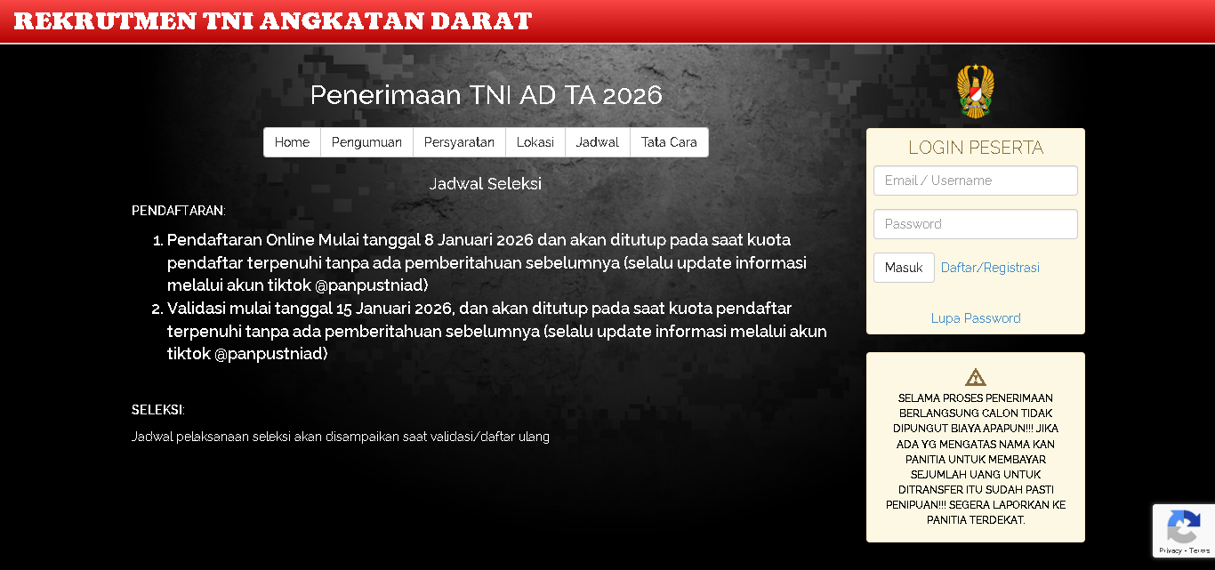 Rekrutmen Bintara dan Tamtama TNI AD 2026 resmi dibuka. Simak syarat, jadwal, cara daftar, dan link pendaftaran resmi di sini.