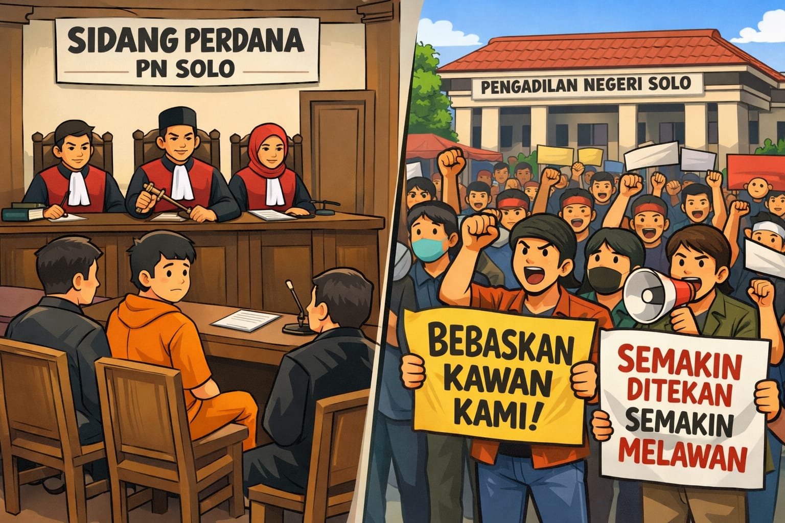 Ilustrasi tentang  sidang perdana perkara aksi demonstrasi di Pengadilan Negeri (PN) Solo yang diwarnai aksi solidaritas ratusan massa.