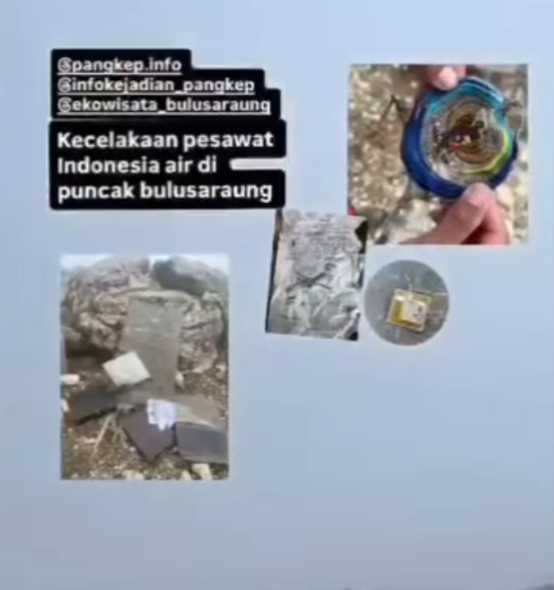 Unggahan di media sosial yang memperlihatkan sejumlah benda dengan keterangan foto Kecelakaan pesawat Indonesia air di Puncak Bulusaraung.