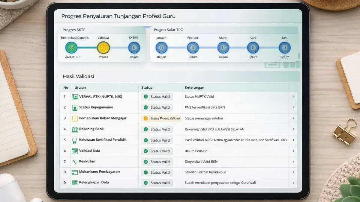 Link Info GTK terbaru 2026 di info.gtk.kemendikdasmen.go.id menampilkan skema Pencairan TPG 2026 per bulan, arti status, dan SKTP guru.