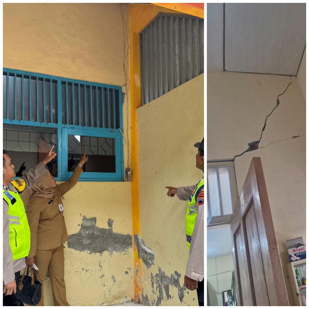 Dinding SMK N 1 Gantiwarno retak-retak terdampa gempa yang berpusat di Bantul, Yogyakarta, Selasa (27/1/2026).