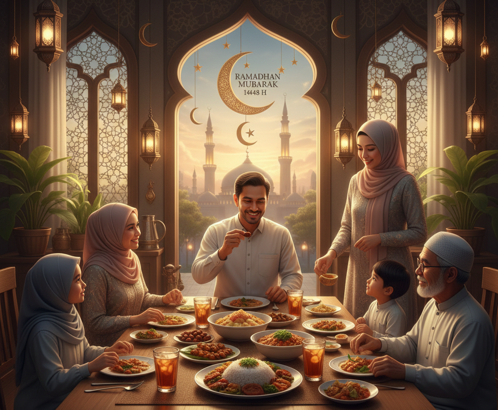 Ilustrasi kehangatan dalam keluarga saat berbuka puasa Ramadhan.
