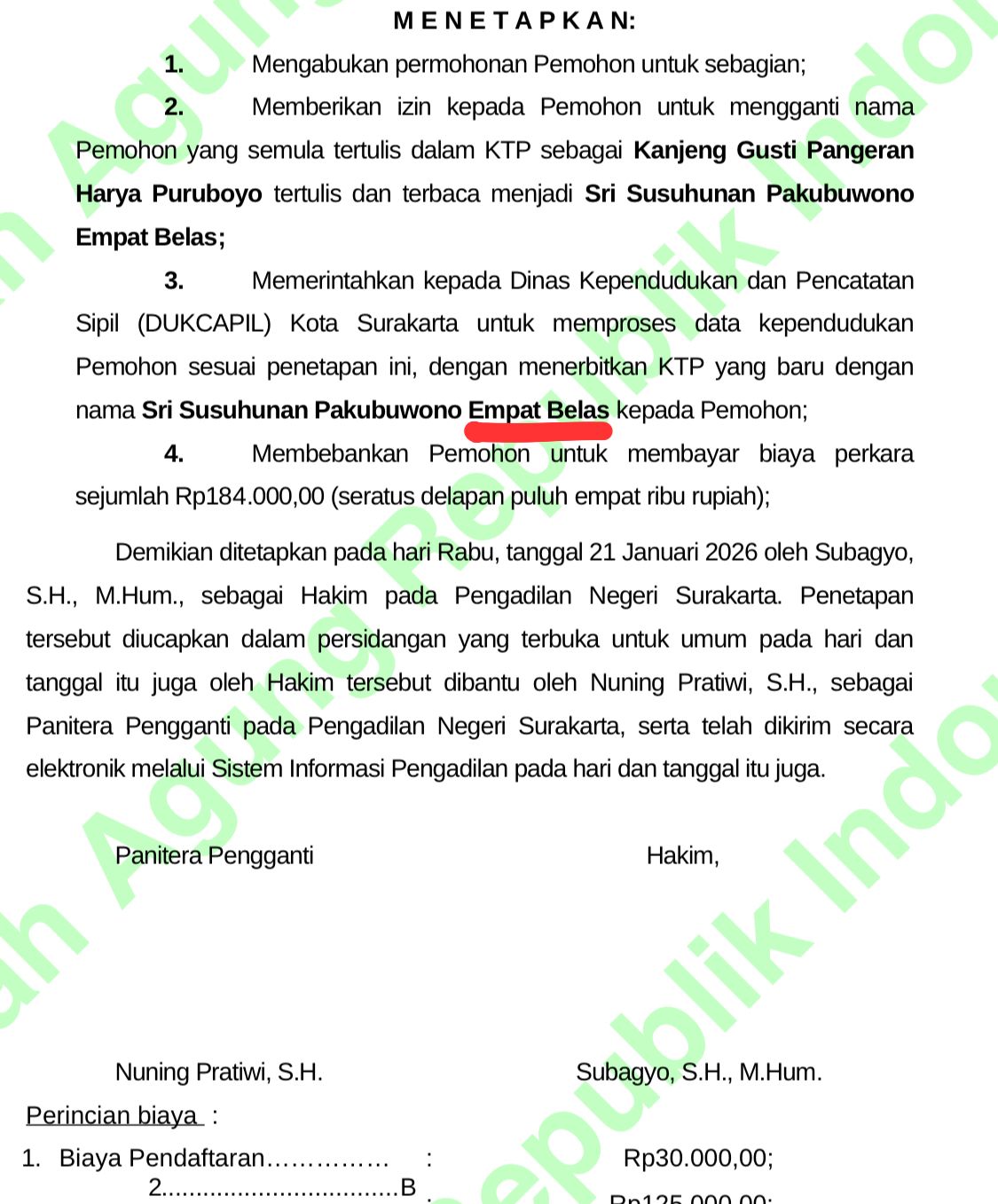 Tangkapan layar keputusan PN Solo terkait penggantian nama KGPH Puruboyo menjadi Sri Susuhunan Pakubuwono Empat Belas.
