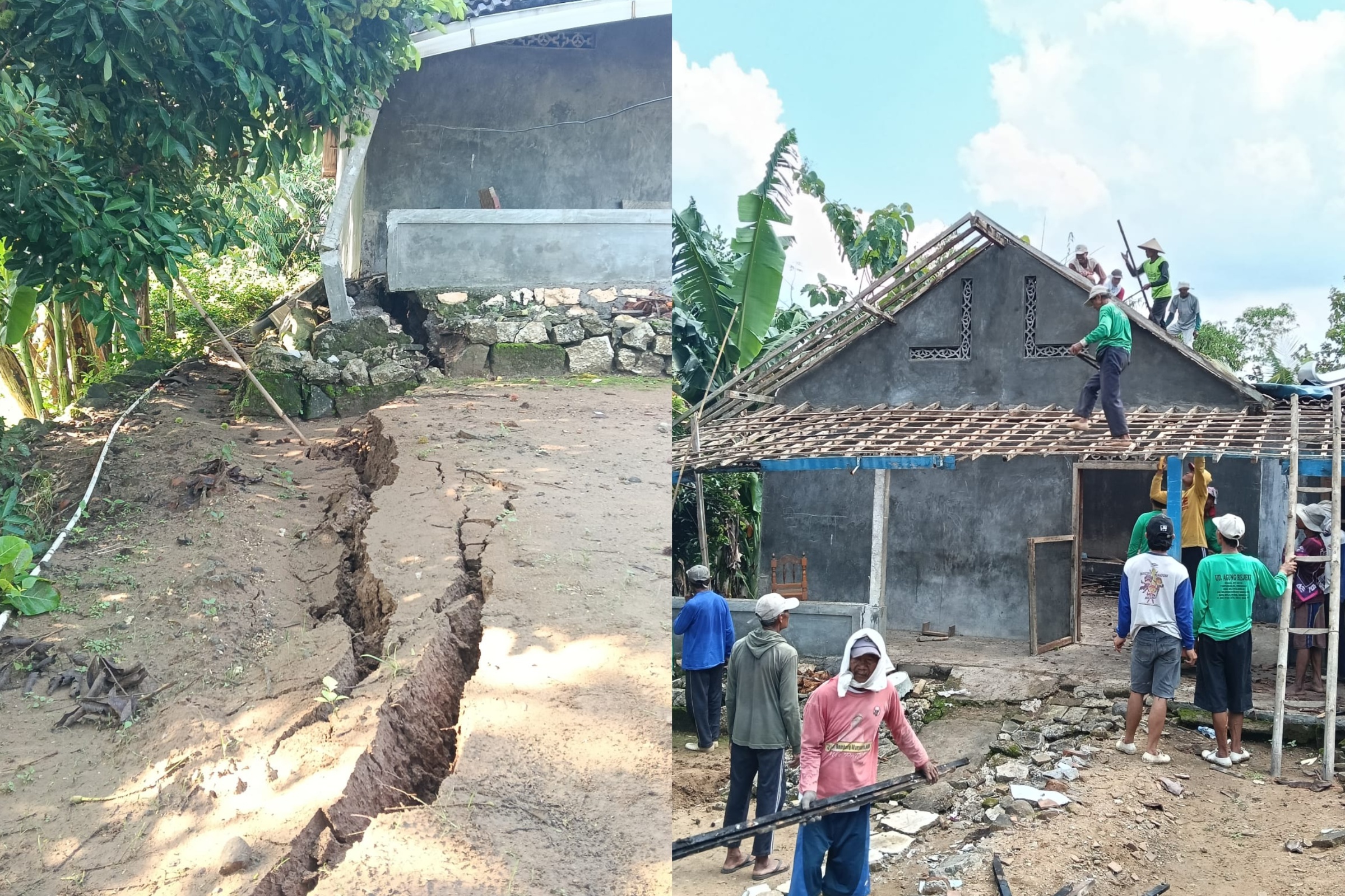 Warga melakukan kerja bakti di rumah warga terdampak tanah ambles Sabtu (31/1/2026).