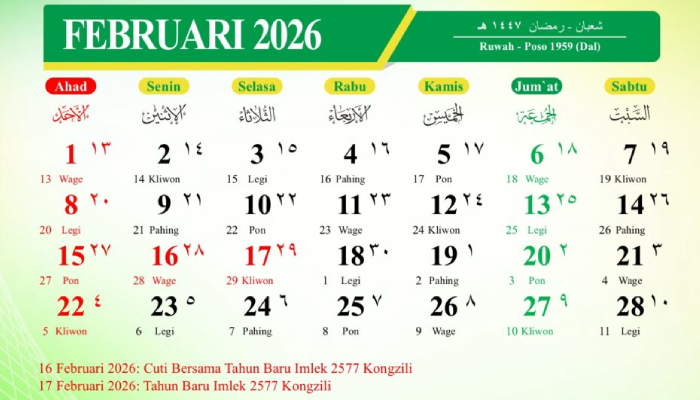 Kalender Februari 2026 lengkap.