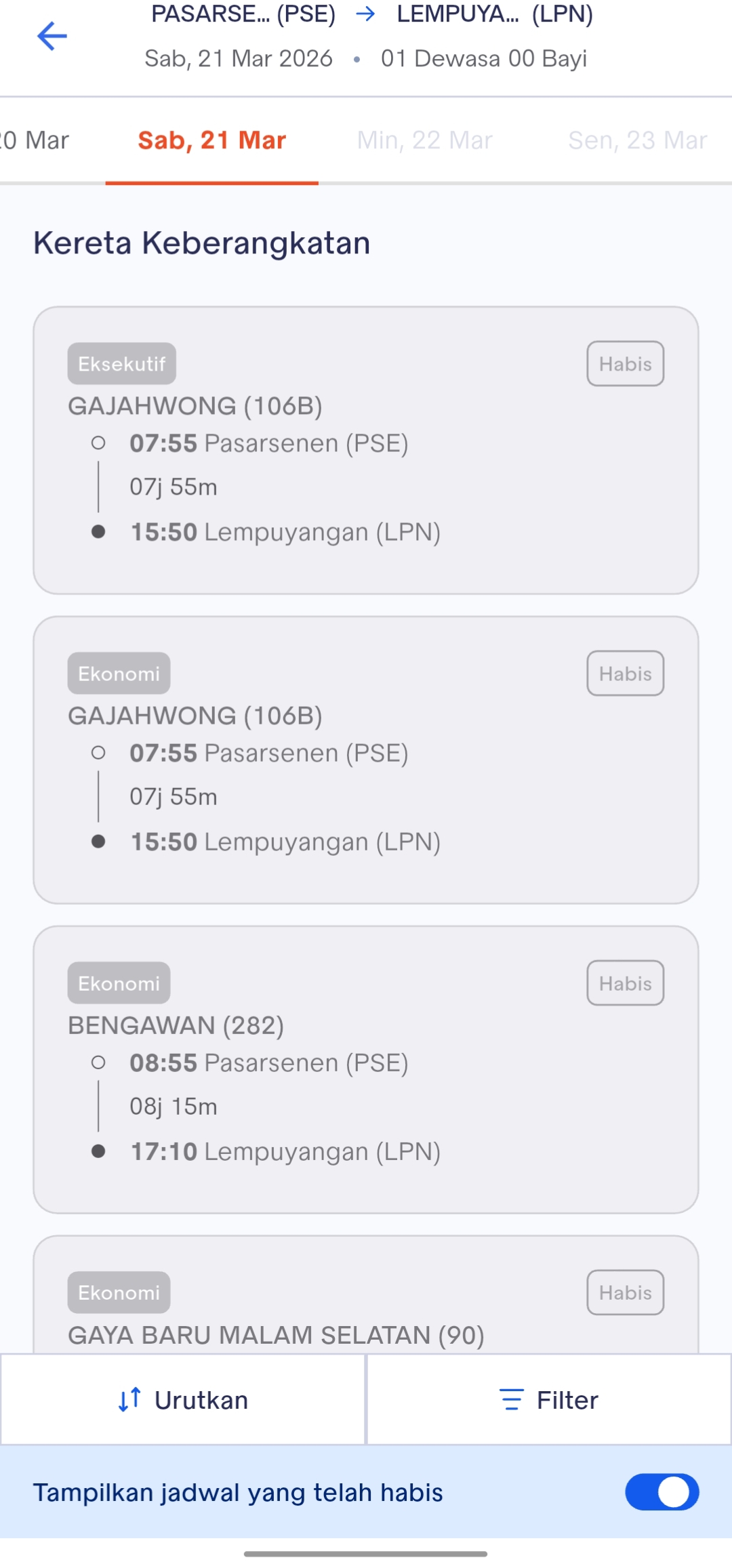 Tiket kereta api untuk tanggal pemesanan 21 Maret sudah habis terjual