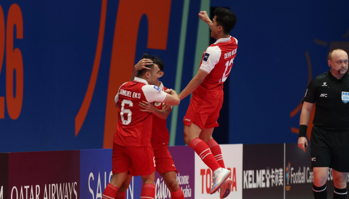 Selebrasi Samuel Eko usai membobol gawang Jepang pada semifinal Piala Asia Futsal 2026 di Indonesia Arena, Senayan, Jakarta, Kamis (5/2/2026).