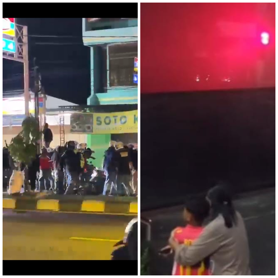 Aksi tawuran yang diduga suporter di Jalan Raya Jogja-Solo, Prambanan, Klaten, Jumat (6/2/2025) malam. Foto kanan, warga terjebak lemparan petasan.