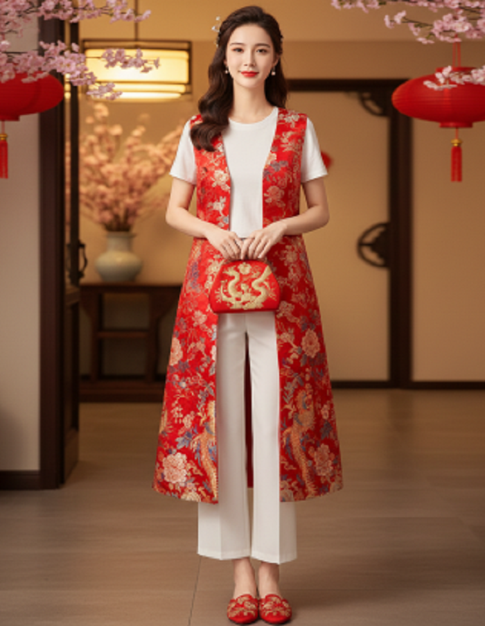 Ilustrasi kombinasi atasan oriental dan bawahan polos.