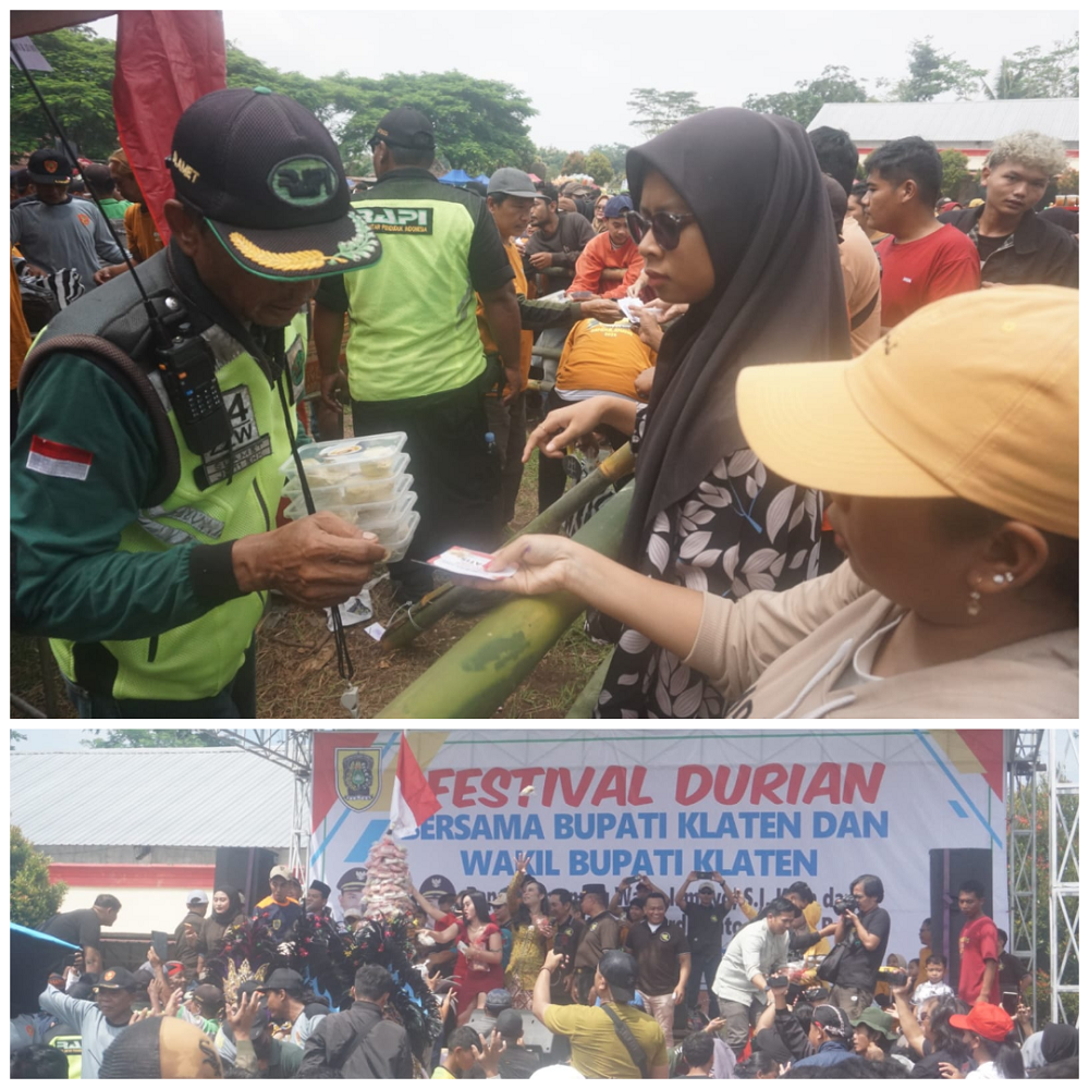 Pembagian paket buah durian gratis Festival Durian di Lapangan Merdeka, Desa Randulanang, Kecamatan Jatinom, Klaten, Minggu (8/2/2026). Foto bawah, gunungan buah durian diperebutkan warga.