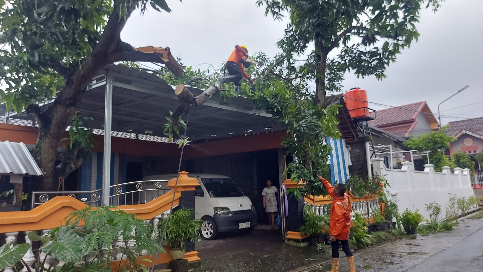 Petugas pangkas pohon tumbang yang timpa rumah warga di Wonogiri.