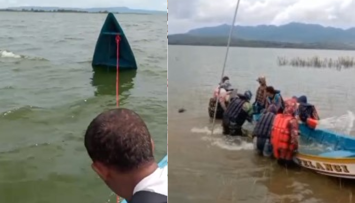 Upaya evakuasi perahu pemancing yang tenggelam di Waduk Gajah Mungkur.