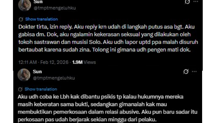 Pengakuan perempuan diduga jadi korban kekerasan seksual oleh musisi Solo.