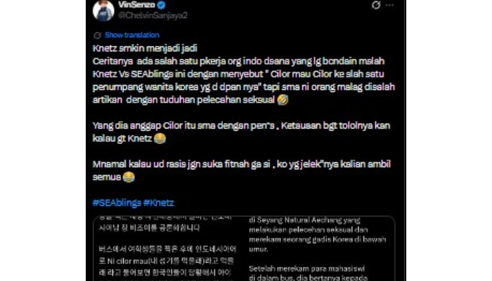 Cuitan @ChelvinSanjaya2, me-repost unggahan KNetz  yang salah mengartikan cilor hingga menuding konten kreator Indonesia melakukan pelecehan.